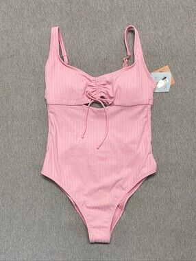 Shade & Shore Women’s Ribbed Cinch‑Front Scoop‑Neck One‑Piece – Pink (Size M)